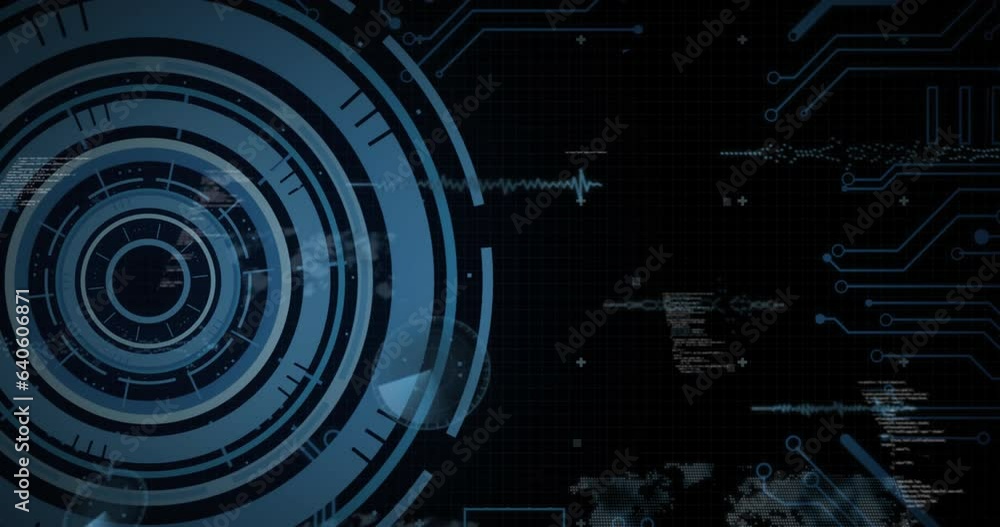 Poster animation of loading circles, circuit board pattern and computer language over black background