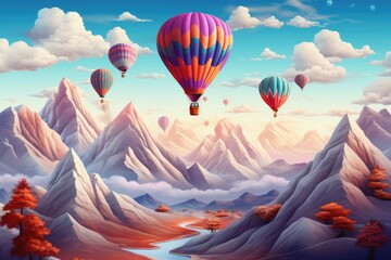 A hot air balloon is flying over foggy and cloudy mountains high in air Generative Ai