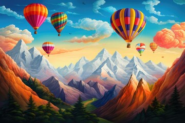 A hot air balloon is flying over foggy and cloudy mountains high in air Generative Ai