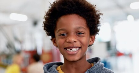 Face, education and an african boy student at a science fair for learning, growth or child development. Portrait, smile and future with a happy male kid at a school closeup for research or experiment