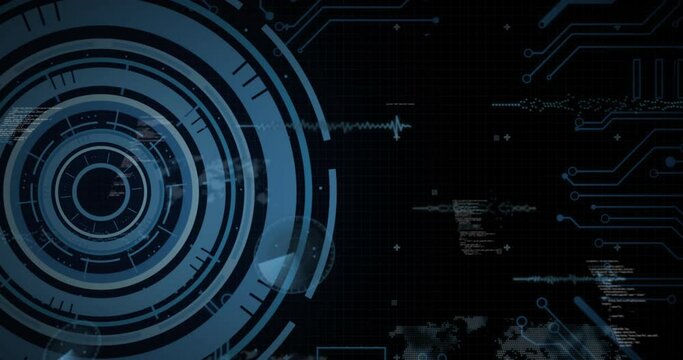 Animation of loading circles, circuit board pattern and computer language over black background