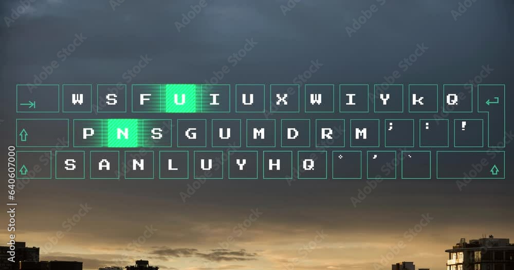 Aufkleber Animation of illuminated pattern moving on keyboard over modern buildings against scenic sky
