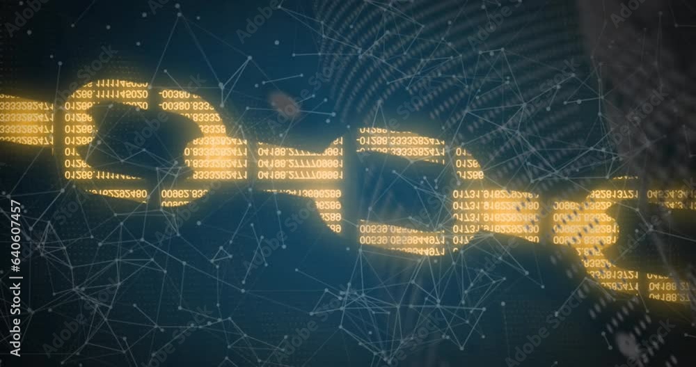 Poster animation of globe, numbers forming blockchain and connected dots over abstract background