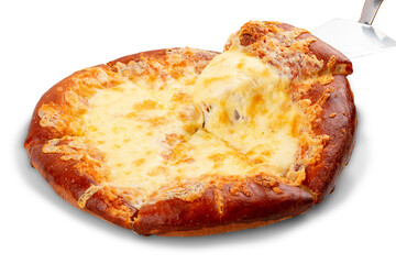 Adjar-style khachapuri with cheese, egg and butter. Caucasian cuisine. Isolated image on a gray background.