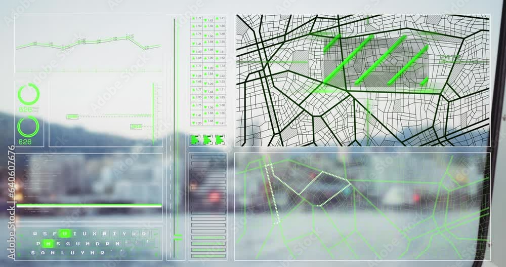 Poster animation of graph, loading circles, navigation pattern over modern cityscape against sky