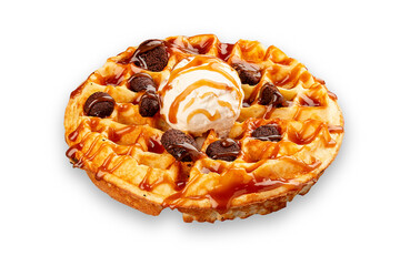 Round Belgian waffle, with ice cream and cocoa balls. On a decorative plate.  Isolated