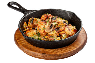 Fried potatoes with wild mushrooms and egg. In a cast iron skillet. Isolated image on white background.