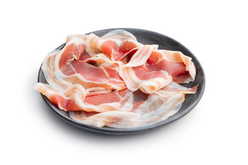 Italian panchetta piancetina. Sliced smoked bacon on plate isolated on white background.