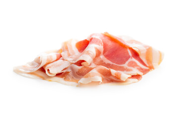 Italian panchetta piancetina. Sliced smoked bacon isolated on white background.