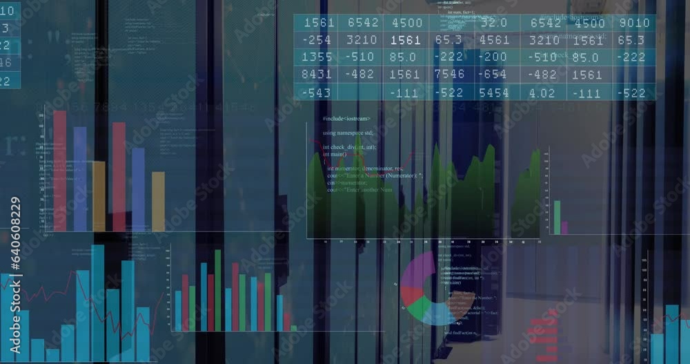 Poster animation of multicolored graphs, number charts, computer language over server room