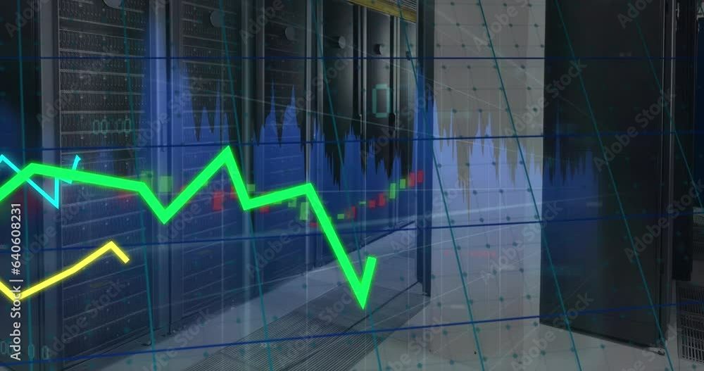 Poster animation of graphs and grid pattern over server racks in server room