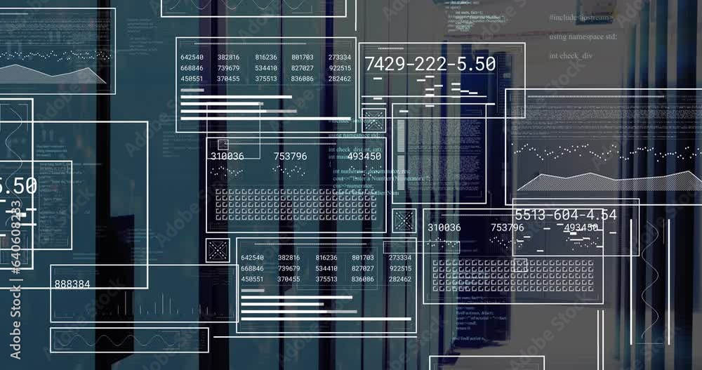 Poster animation of graphs, loading bars, circles and computer language over server room