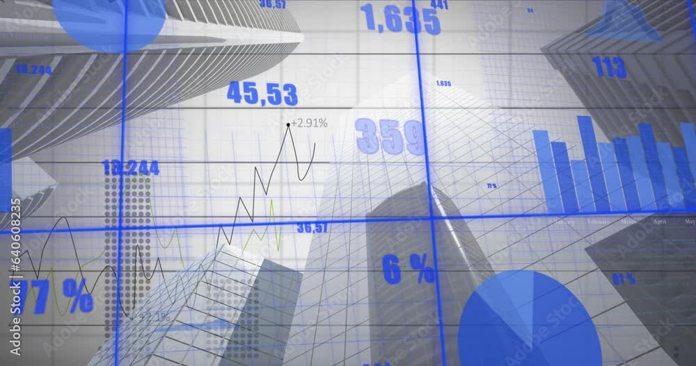 Poster animation of multiple graphs with changing numbers over low angle view of modern buildings