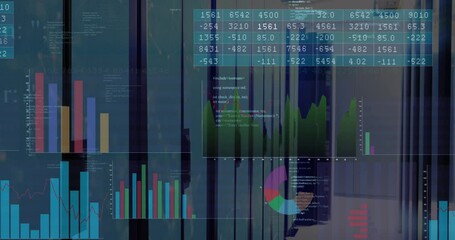 Animation of multicolored graphs, number charts, computer language over server room - Powered by Adobe