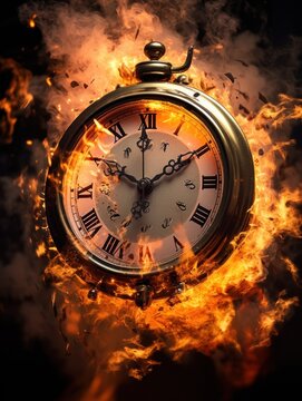 Burning alarm clock on fire background. Time is running out concept. 