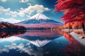 Fototapeta na wymiar Vulcano Japan nature mountain with autumn leaves and mountain lake in spring. Generative Ai.