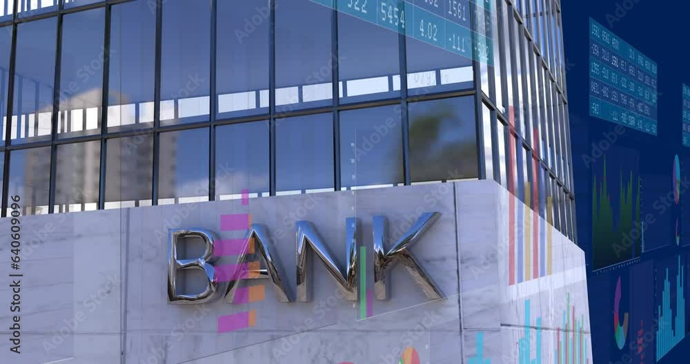 Poster animation of multiple graphs, number charts and bank text on modern building