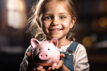 little girl with piggy bank in a room