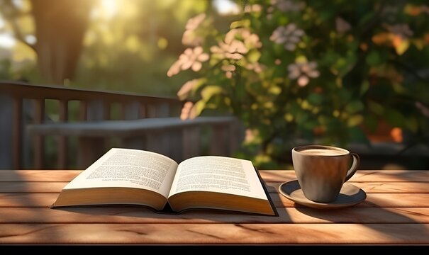 book and coffee on the table nature background ai generative