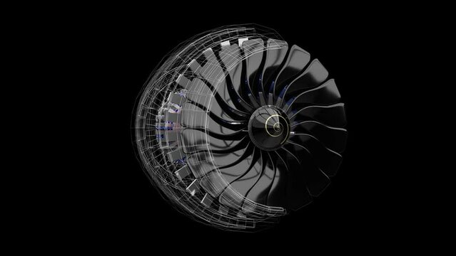 Jet engine inside, partly wireframe model  - 3D 4k animation (3840 x 2160 px)