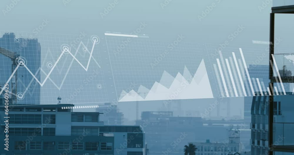 Poster Animation of multiple graphs, loading circles and map over modern buildings against sky