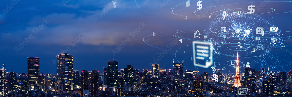 Aufkleber modern city night view and digital communication network concept. wide angle visual for banners or a