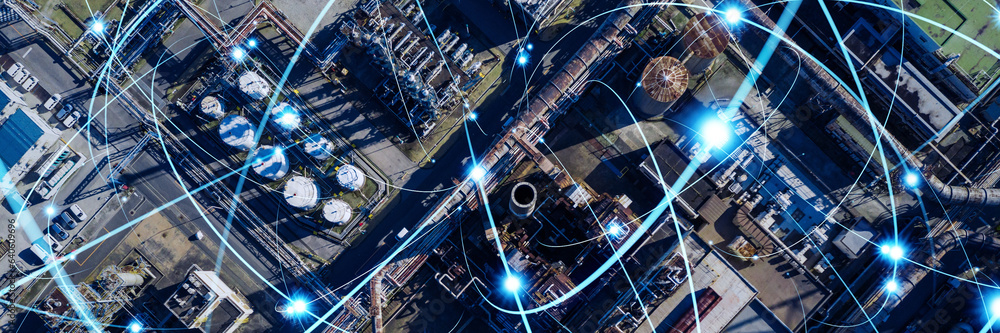 Poster Modern factory aerial view and wireless communication network concept. Industrial Internet of Things. IIoT. Wide angle visual for banners or advertisements.