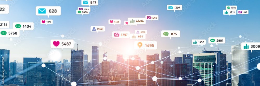 Aufkleber modern city panorama and social networking concept. wide angle visual for banners or advertisements.