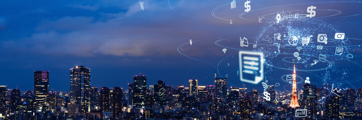 Modern city night view and digital communication network concept. Wide angle visual for banners or advertisements.