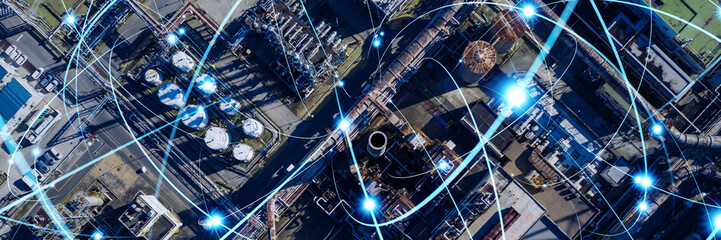 Modern factory aerial view and wireless communication network concept. Industrial Internet of...