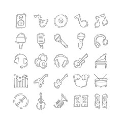 Music thin line icon set with with musical instruments, equalizer, earphones