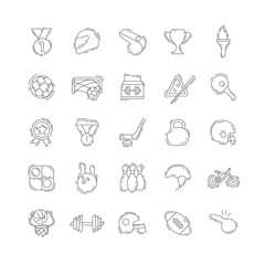 sport line thin line icon set with bowling, racing helmet, ball, olympic torch