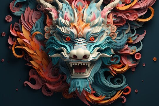 portrait view fo Chinese colorful dragon. 3d illustration. (ai generated)  Stock Illustration