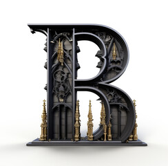Gothic Cathedral-themed font, 3d render letter b surrounded by Flying Buttress Letters: The letters take on the appearance of flying buttresses