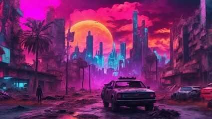 A cyperpunk city with old car purple colour