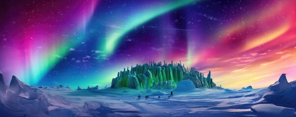 Obraz na płótnie Canvas Igloo ice hotel with aurora borealis during magic winter, panorama. Generative Ai.