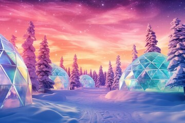 Obraz premium Igloo ice hotel on a snowy plain with aurora borealis during magic winter night. Generative Ai.