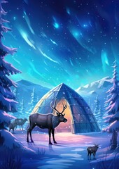 Igloo ice hotel with reindeers and aurora during magic winter night. Generative Ai.