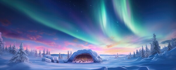 Igloo ice hotel  with aurora borealis during magic winter night, panorama. Generative Ai.