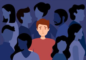 Sad man feel lonely in crowd in flat design. Unhappy unique person. Loneliness in crowd.