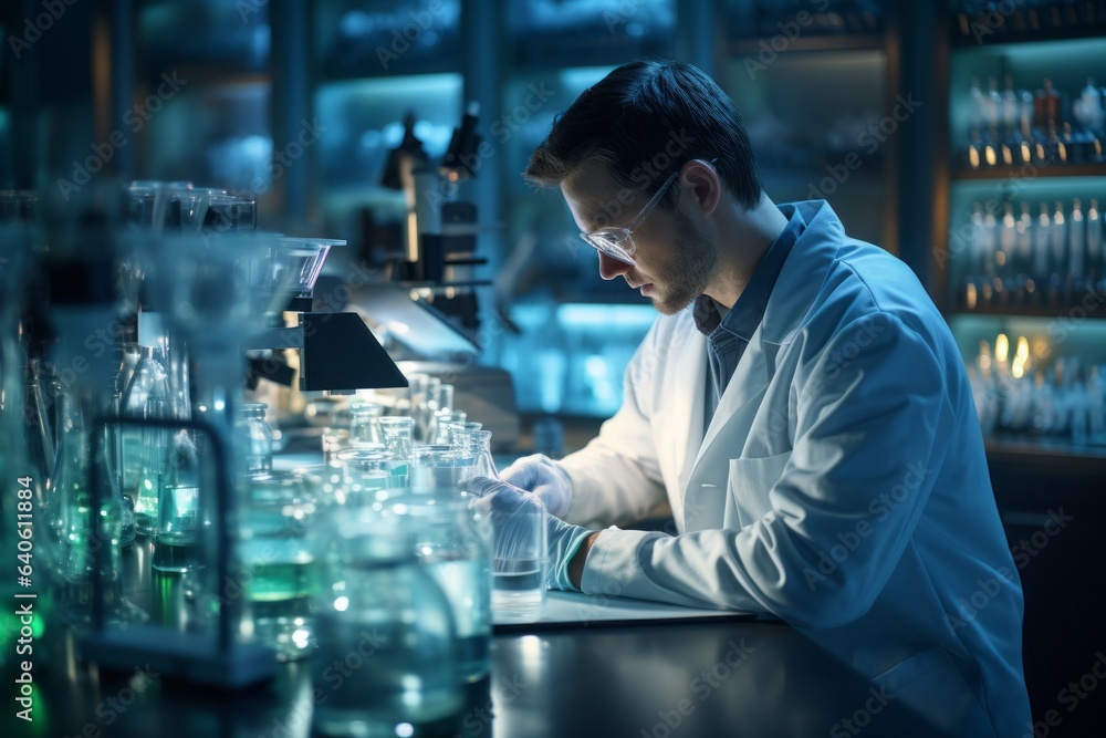 Aufkleber a lab worker conducts experiments. background with selective focus and copy space