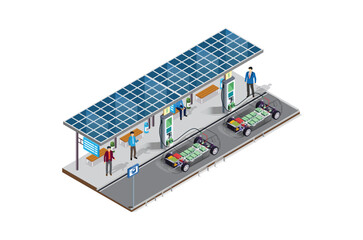 Isometric eco transport, electric vehicle charging station with solar panels, Suitable for Diagrams, Game Asset, And Other asset