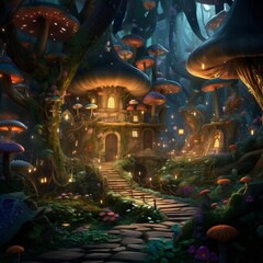 mushroom fairy tale elf house illustration ai generate - obrazy, fototapety, plakaty