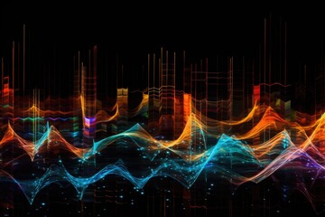 Naklejka premium An abstract composition with energy and rhythm of music through a series of dynamic lines and shapes. Movement and vibrations created by musical soundwaves. World music day. Generative AI.
