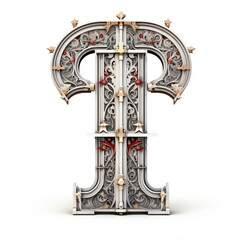 Gothic Cathedral-themed font, 3d render letter t surrounded by Cryptic Manuscript: Letters are reminiscent of ancient