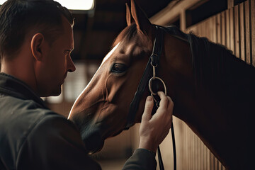 A man petting his horse's nose, caring in barn. Close up of an old man veterinarian examining an animal. AI Generative