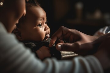 Close up an African American newborn baby with parents, spending time together, tenderness, care. Generative AI