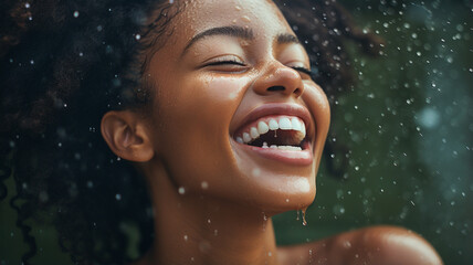 Fototapeta na wymiar Water, rain, and a black woman with a joyful smile. Refreshing, refreshing, exhilarating, exciting, joyful, active, healthy.