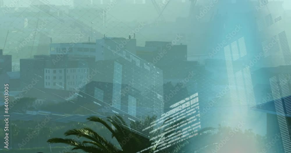 Poster animation of graphs with computer language and lights over houses in town against sky