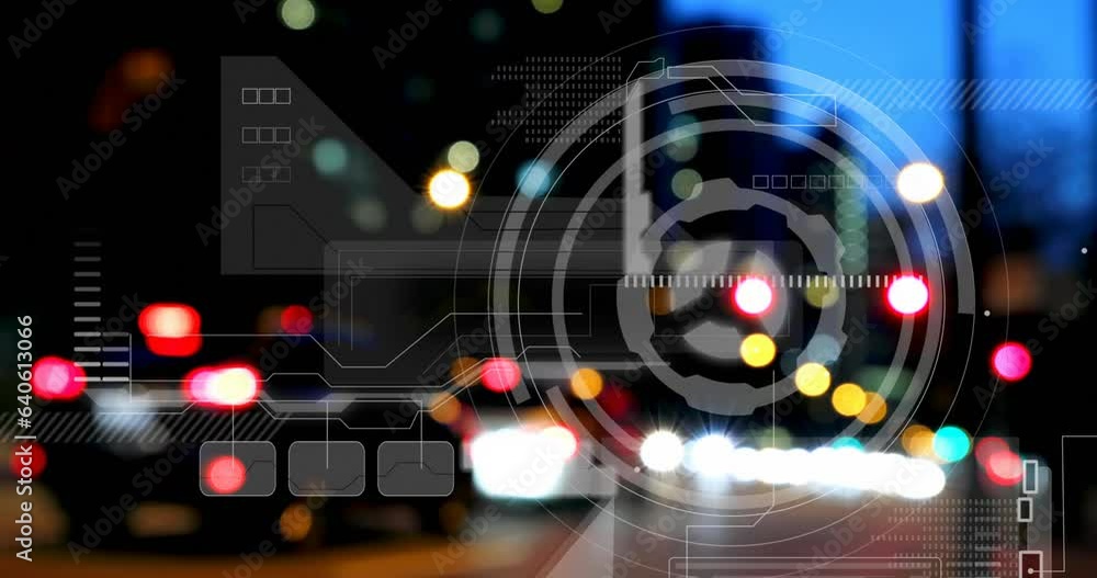 Poster animation of circle and abstract patterns moving over lens flares in city at night